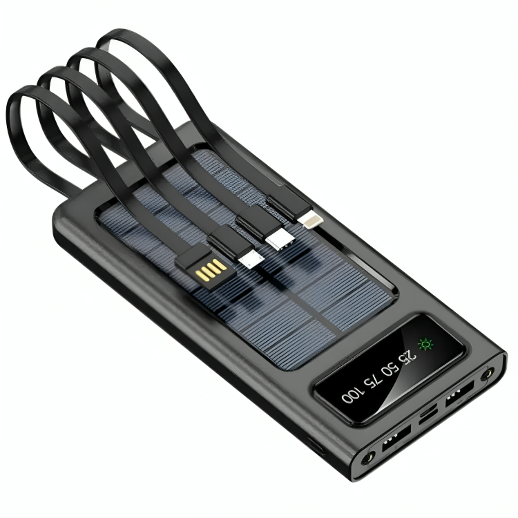 J-Cell model J-118 solar power bank with built-in charging cables.